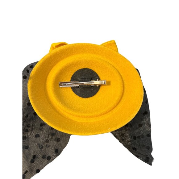 Yellow Fascinator Hat Black Polka Dot Mesh Pearl Accent Bow Clip For Women - Picture 4 of 4